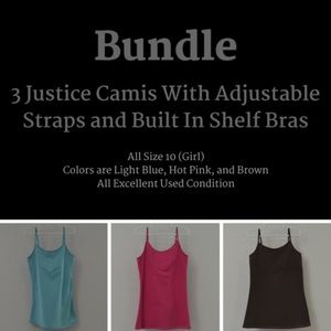 3 Justice Camis w/ Adjustable Straps & Shelf Bras